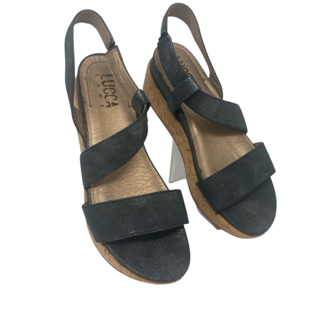Lucca Lane Olympia Black Cork Leather Wedge Slingback Sandals Sz 8
